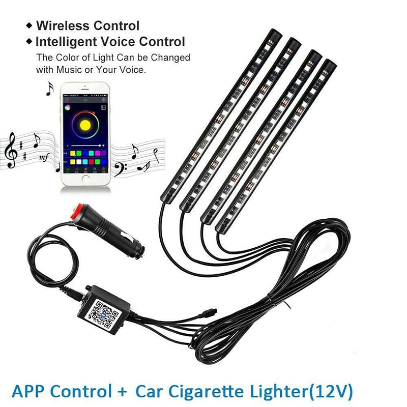Interior Atmosphere Lights RGB Floor Foot Strip Lights Cigarette Lighter or USB Adapter